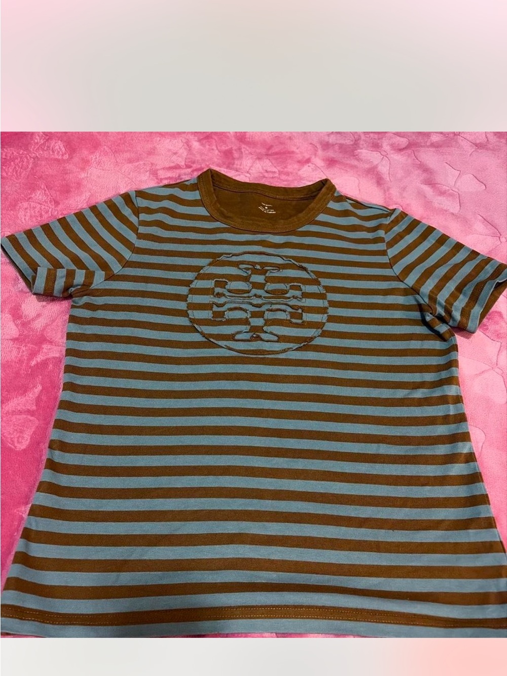 Tory Burch Brown and Teal Striped Short Sleeve Tee with Logo